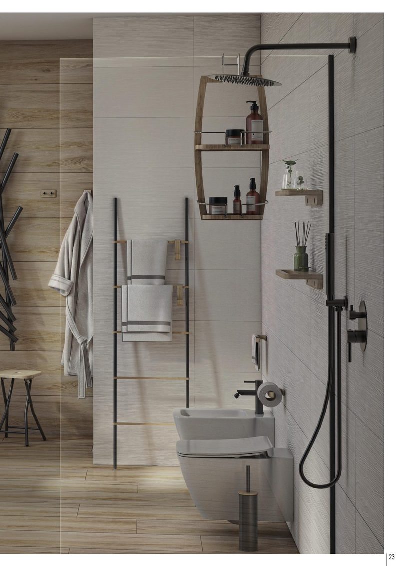Ambiente de baño acabado bamboom con madera y bambú, ducha con estantes naturales
