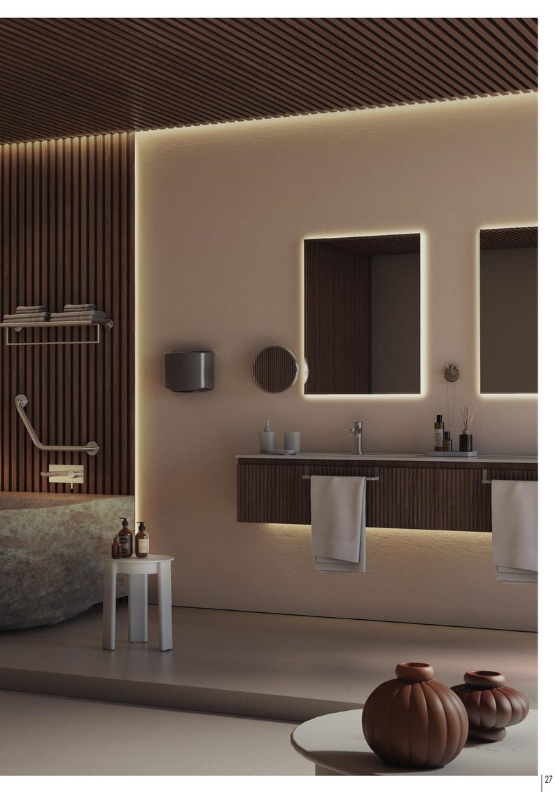 Ambiente de baño en acabado cepillado en espacio spa con madera, bañera de piedra y espejos LED