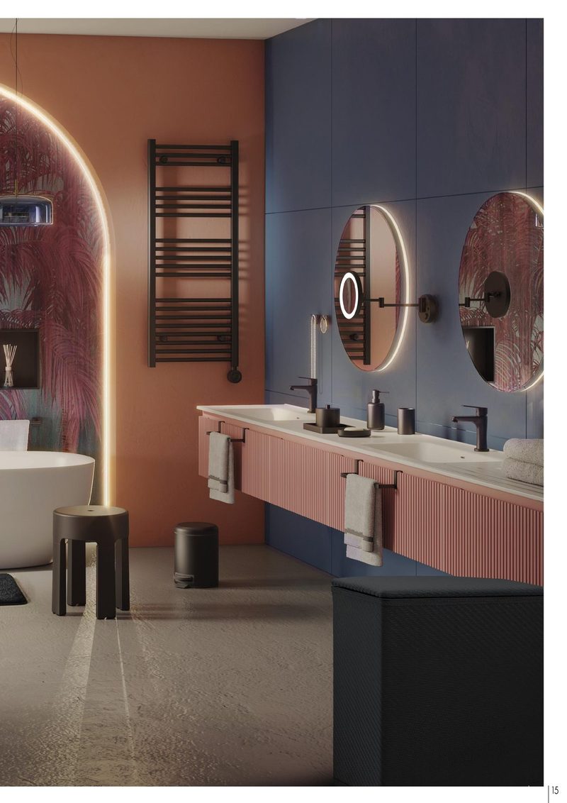 Ambiente de baño en acabado negro con paredes terracota y azul, radiador y grifería oscuros
